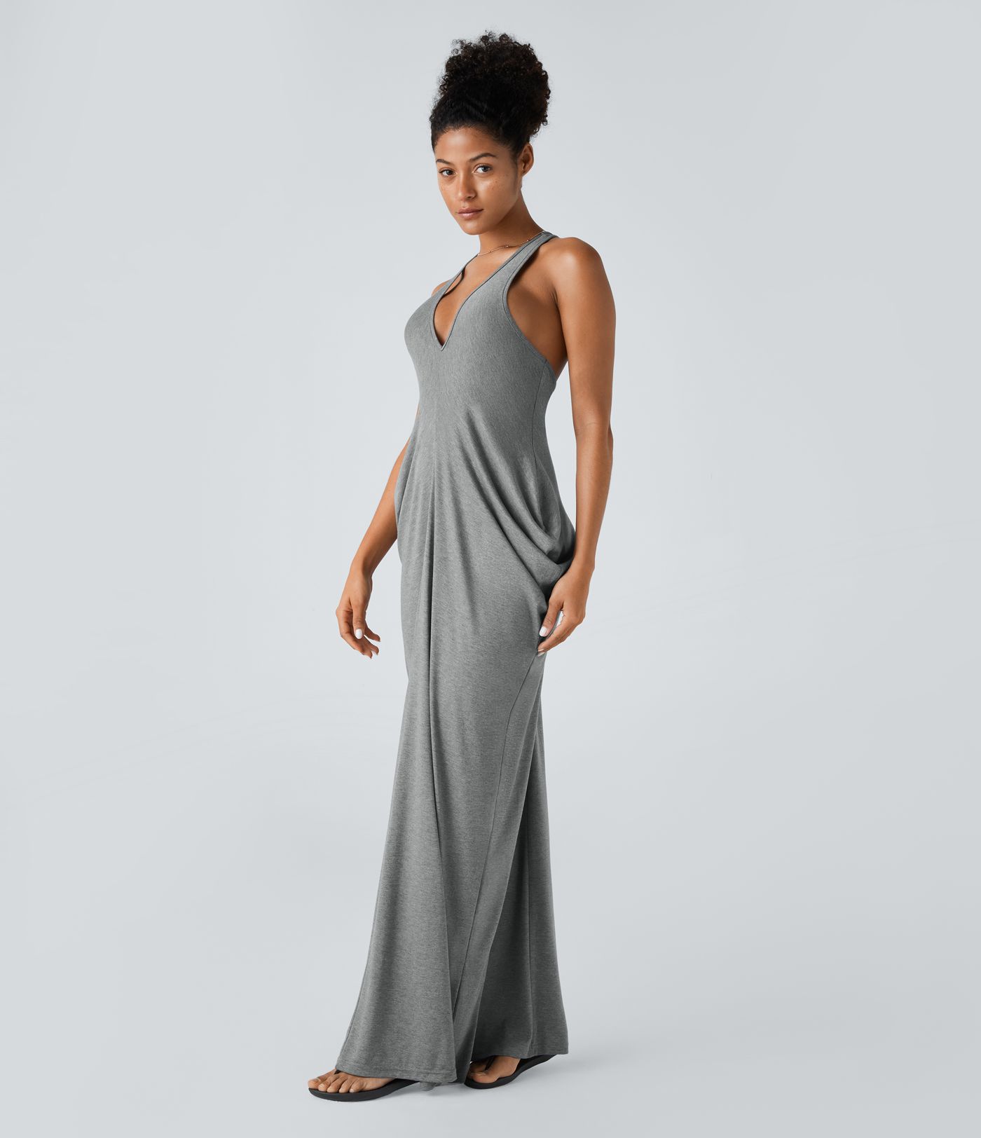 Deep V Neck Racerback Stacked Ruched Maxi Casual Dress