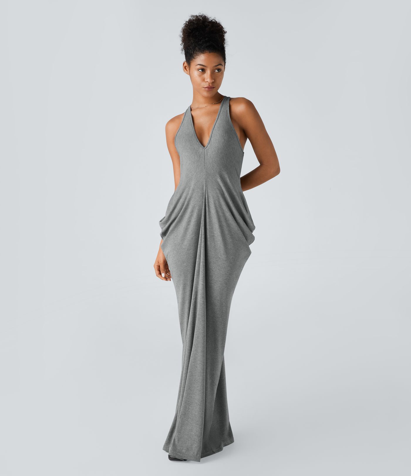 Deep V Neck Racerback Stacked Ruched Maxi Casual Dress