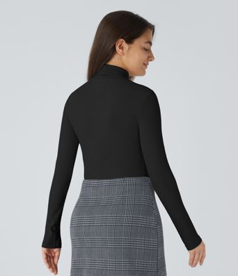 Ribbed Knit High Neck Long Sleeve Work Bodysuit