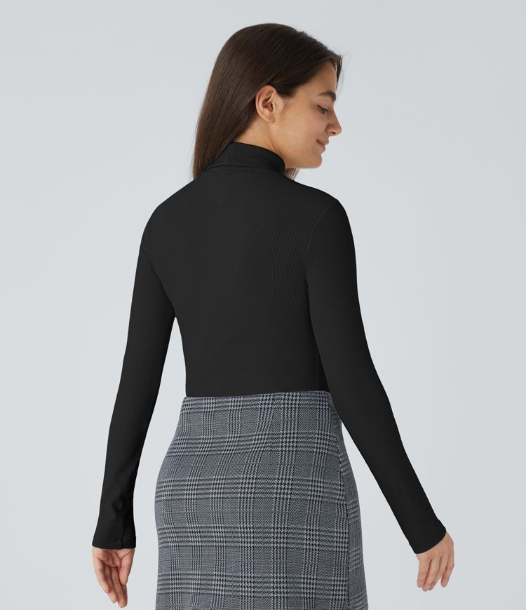 Ribbed Knit High Neck Long Sleeve Work Bodysuit