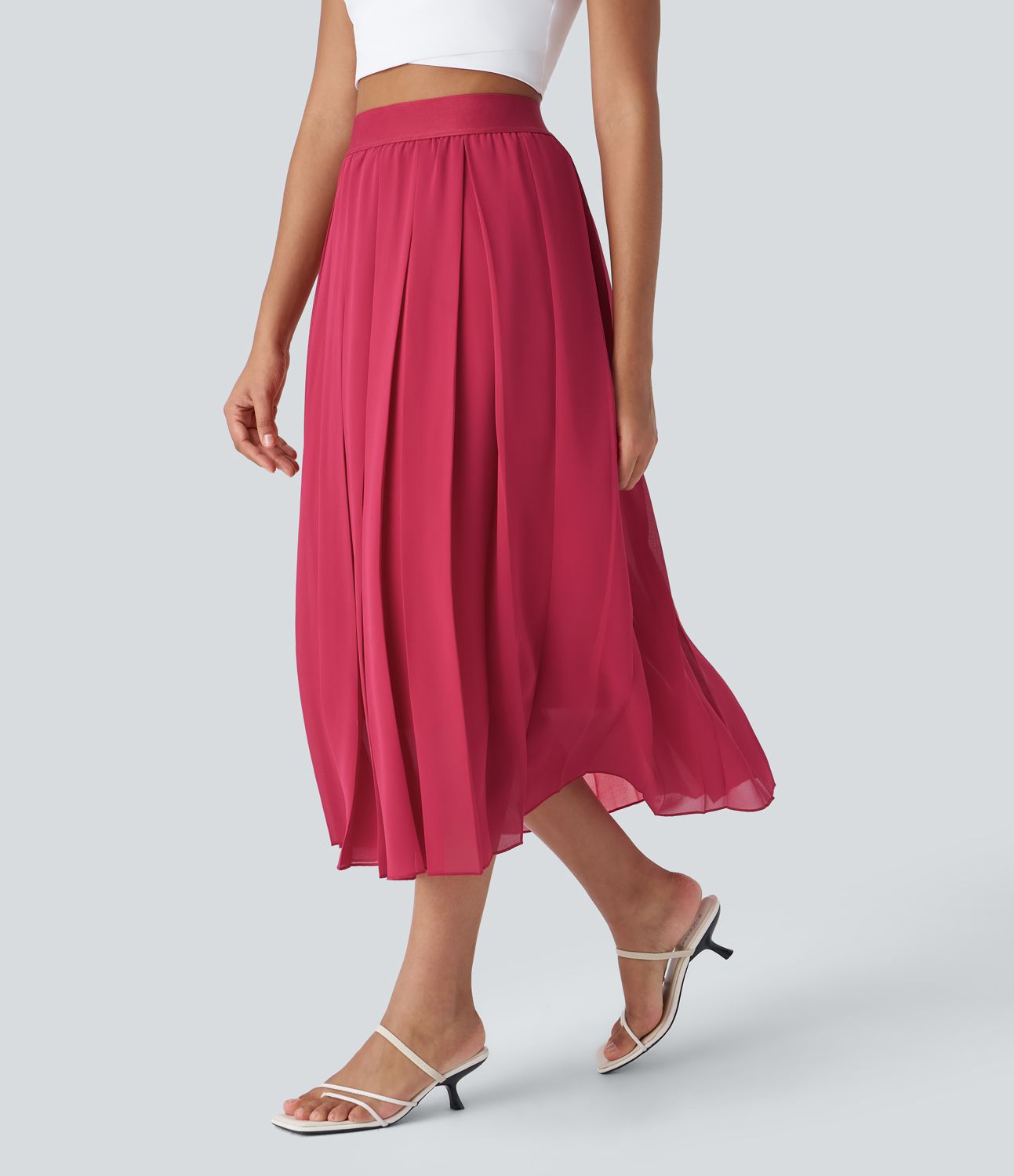High-waist pleated midi casual skirt
