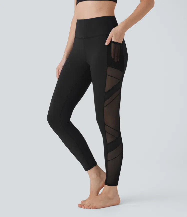 High Waisted Pocket Contrast Mesh 7/8 Yoga Leggings