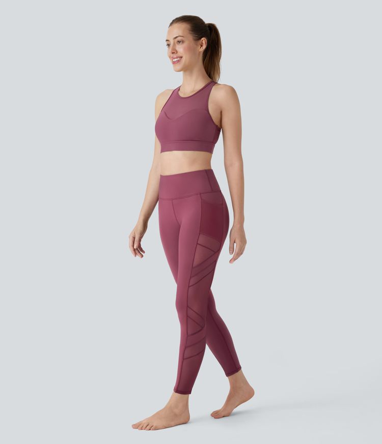  High Waisted Side Pocket Contrast Mesh 7/8 Yoga Leggings