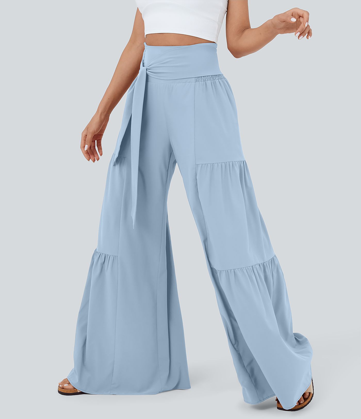 Breezeful™ Vysoké Nohavice so Záhybmi, Viazaním Vpredu a Vzadu, Voľné, Rýchloschnúce Casual Nohavice