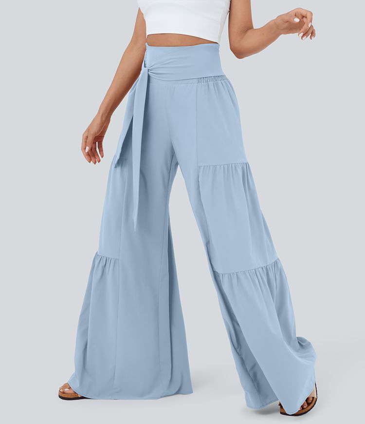 Breezeful™ High Waisted Shirred Tie Front & Back Plicated Wide Leg Flowy Quick Dry Casual Pants