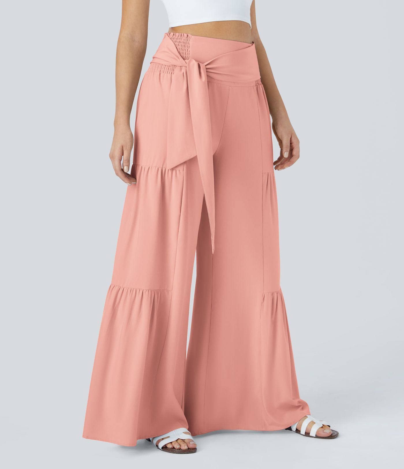 Breezeful™ High Waisted Shirred Tie Front & Back Wide Leg Flowy Quick Dry Casual Pants