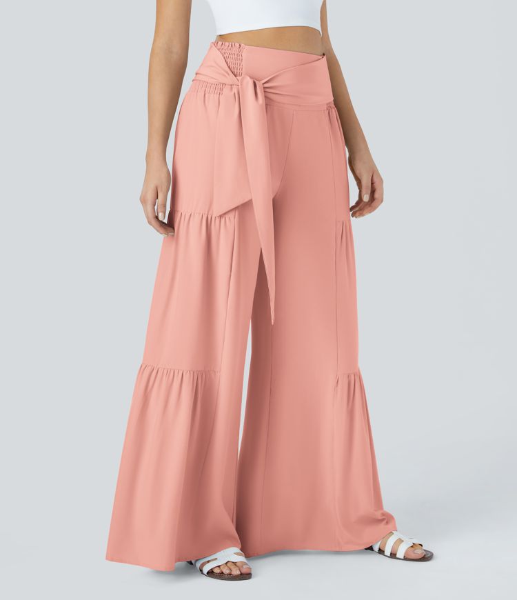 Breezeful™ High Waisted Shirred Tie Front & Back Wide Leg Flowy Quick Dry Casual Pants
