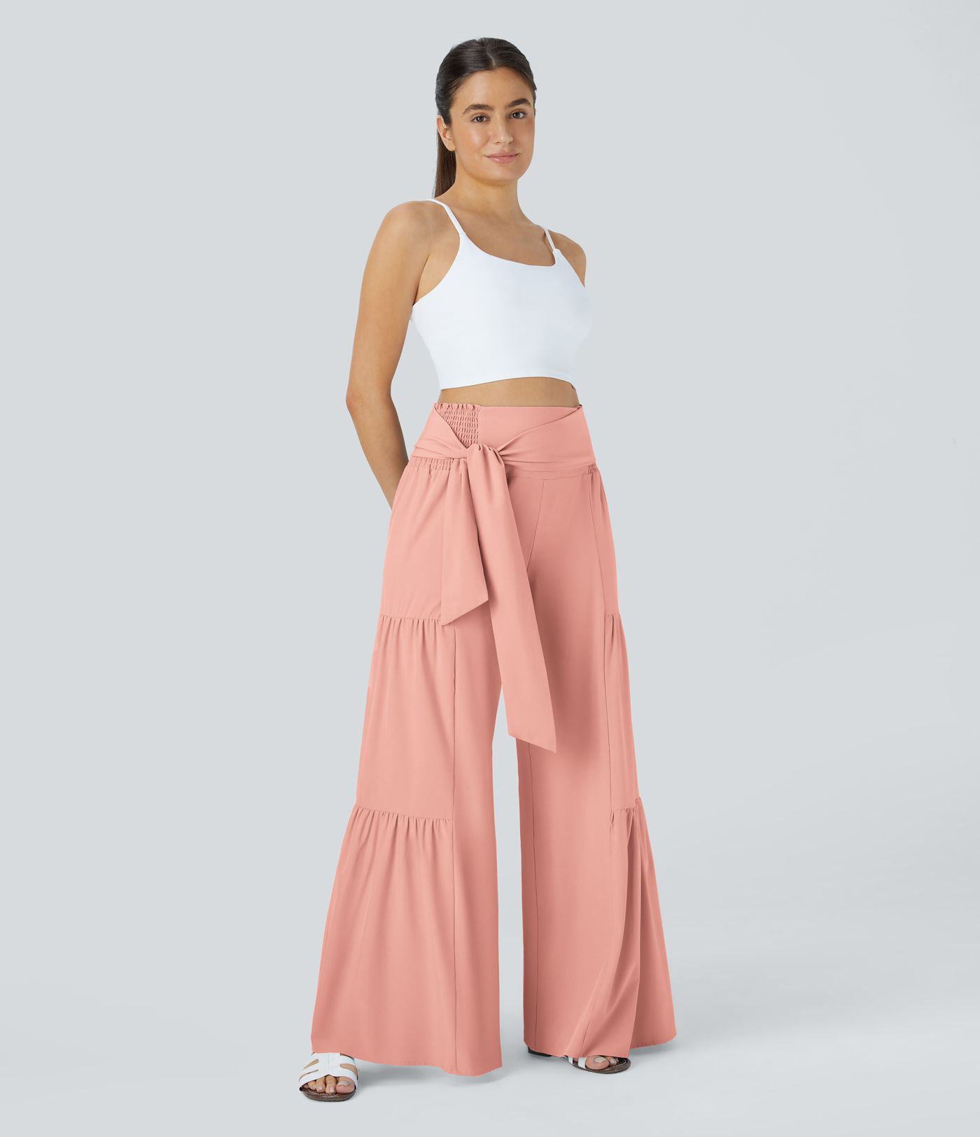 Breezeful™ High Waisted Shirred Tie Front & Back Wide Leg Flowy Quick Dry Casual Pants