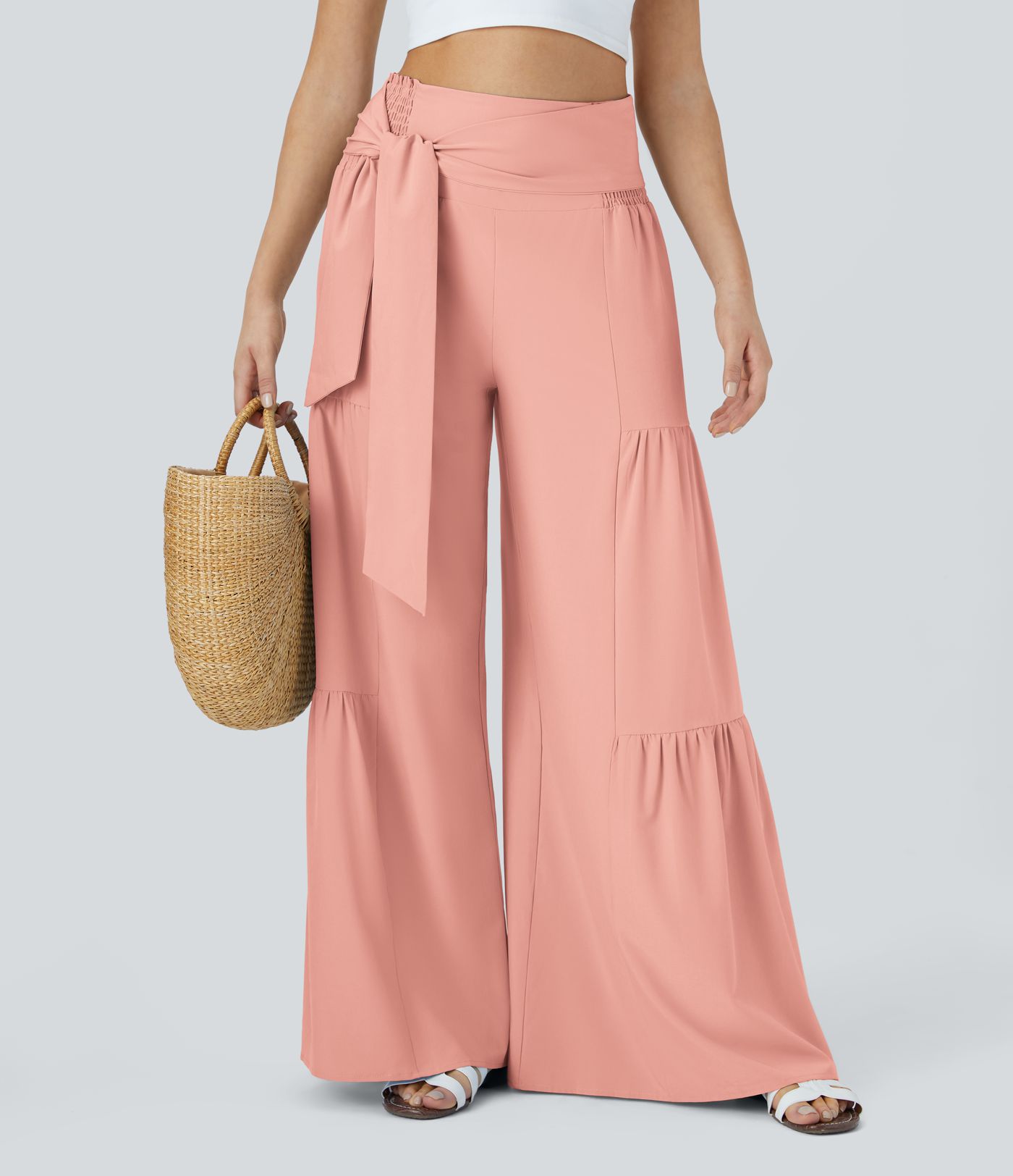 Breezeful™ High Waisted Shirred Tie Front & Back Wide Leg Flowy Quick Dry Casual Pants