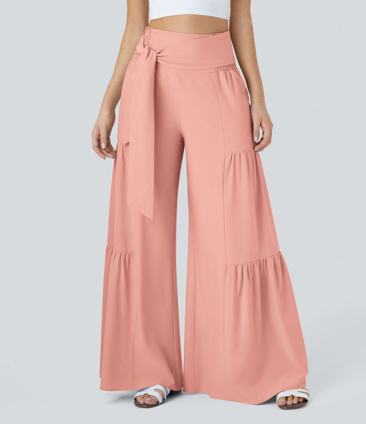 Breezeful™ High Waisted Shirred Tie Front & Back Wide Leg Flowy Quick Dry Casual Pants