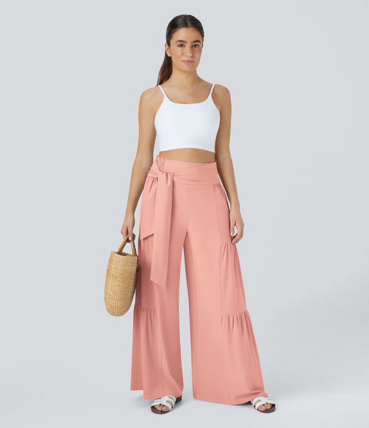 Breezeful™ High Waisted Shirred Tie Front & Back Wide Leg Flowy Quick Dry Casual Pants
