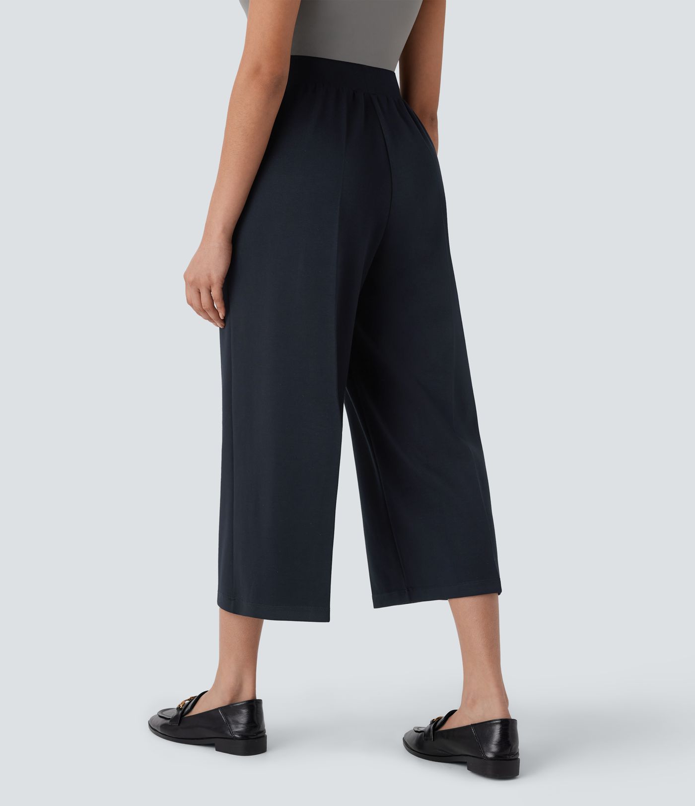 Pantalón oficina capri pierna ancha tiro alto bolsillo lateral