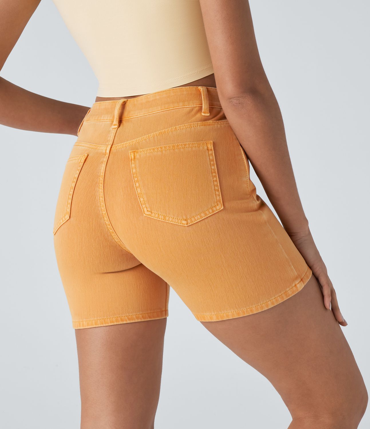 Halara Flex™ Short 12,5cm Casual en Denim Tricot Extensible Lavé à Taille Haute avec Multiples Poches Colorées