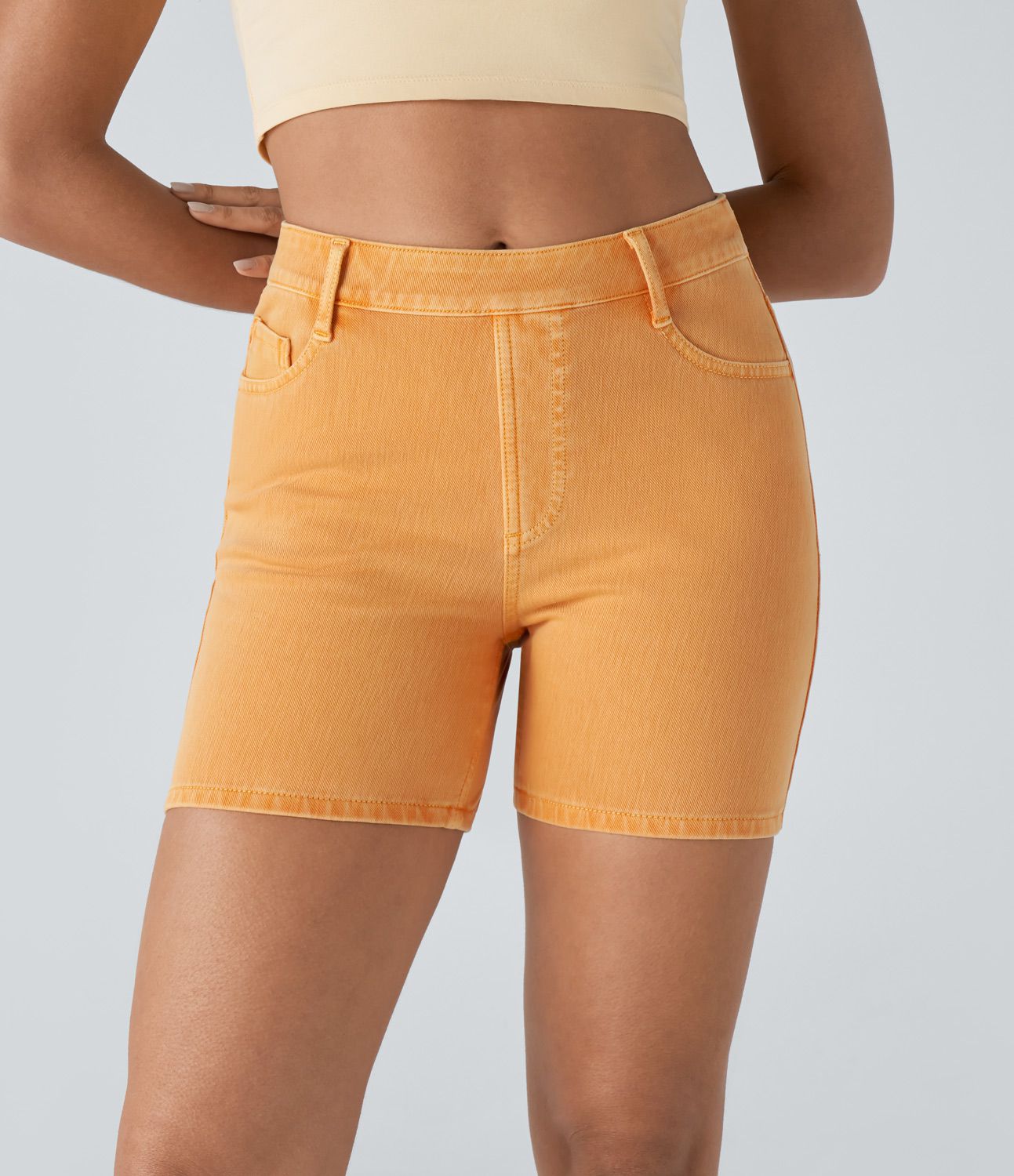 Halara Flex™ Short 12,5cm Casual en Denim Tricot Extensible Lavé à Taille Haute avec Multiples Poches Colorées