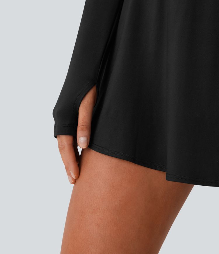 Softlyzero™ Airy, langärmliges 2-in-1 Pickleball-Minikleid mit Seitentaschen, Daumenloch, Cool-Touch und ausgestelltem Bein