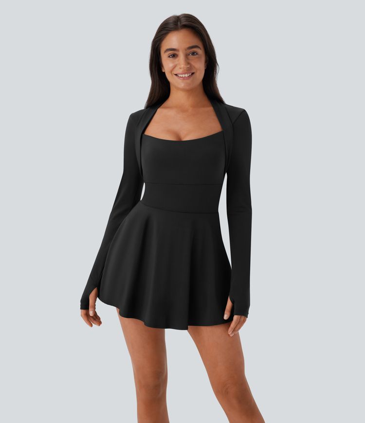Softlyzero™ Airy, langärmliges 2-in-1 Pickleball-Minikleid mit Seitentaschen, Daumenloch, Cool-Touch und ausgestelltem Bein