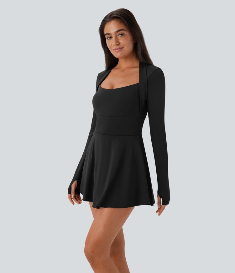 Softlyzero™ Airy, langärmliges 2-in-1 Pickleball-Minikleid mit Seitentaschen, Daumenloch, Cool-Touch und ausgestelltem Bein