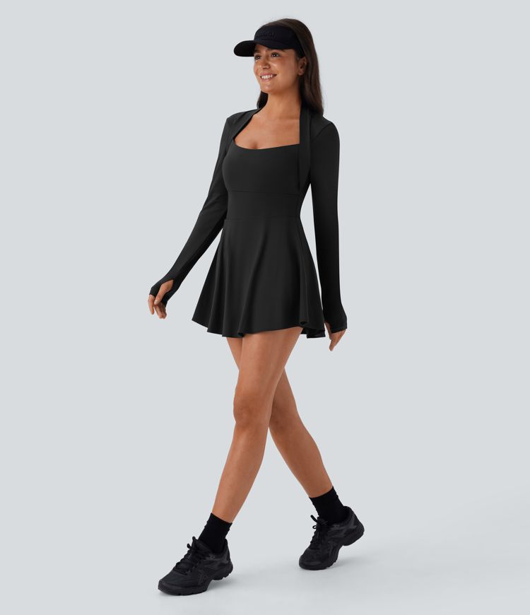 Softlyzero™ Airy, langärmliges 2-in-1 Pickleball-Minikleid mit Seitentaschen, Daumenloch, Cool-Touch und ausgestelltem Bein