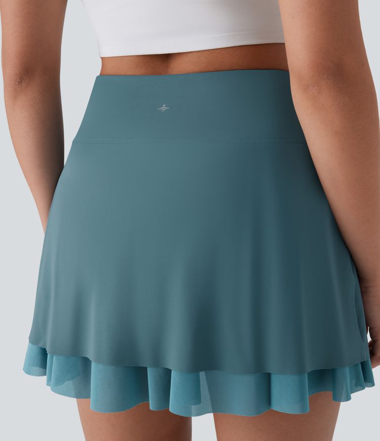 SoftlyZero™ Luftige High-Waist Kontrast-Mesh Mehrschichtige 2-in-1 Taschen Ausgestellte Mini Kühl-Touch Yoga Rock-UPF50+