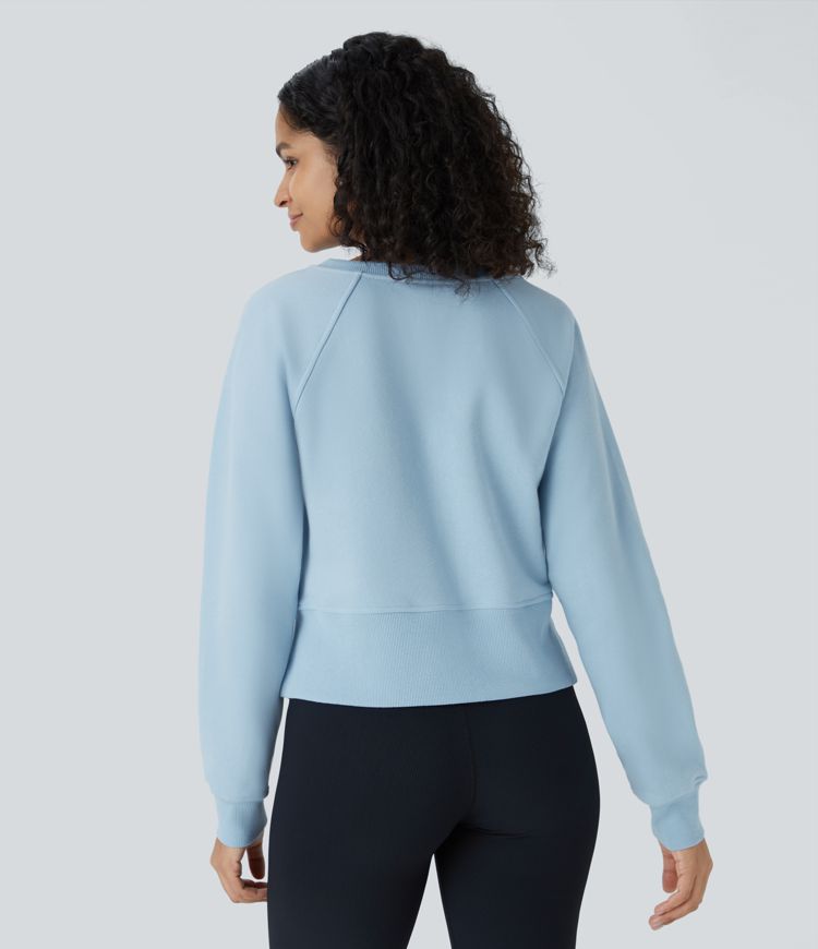 Henry neck button front long sleeve split rib hem casual sweatshirt