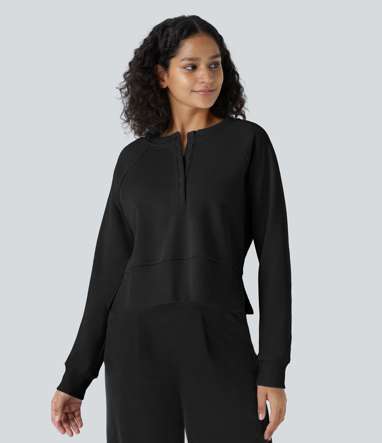 Henley Neck Front Long Sleeve Ribbed Hem Casual Sweatshirt