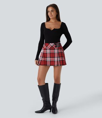High Waisted Decorative Buckle 2-in-1 Plaid Pleated Mini Casual Skirt