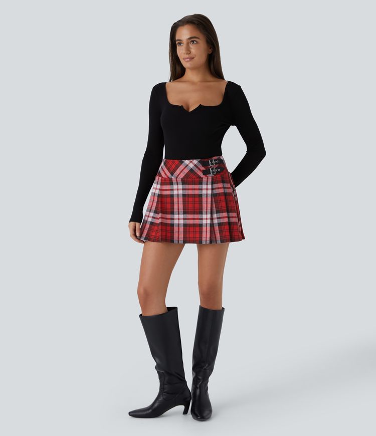 High Waisted Decorative Buckle 2-in-1 Plaid Pleated Mini Casual Skirt