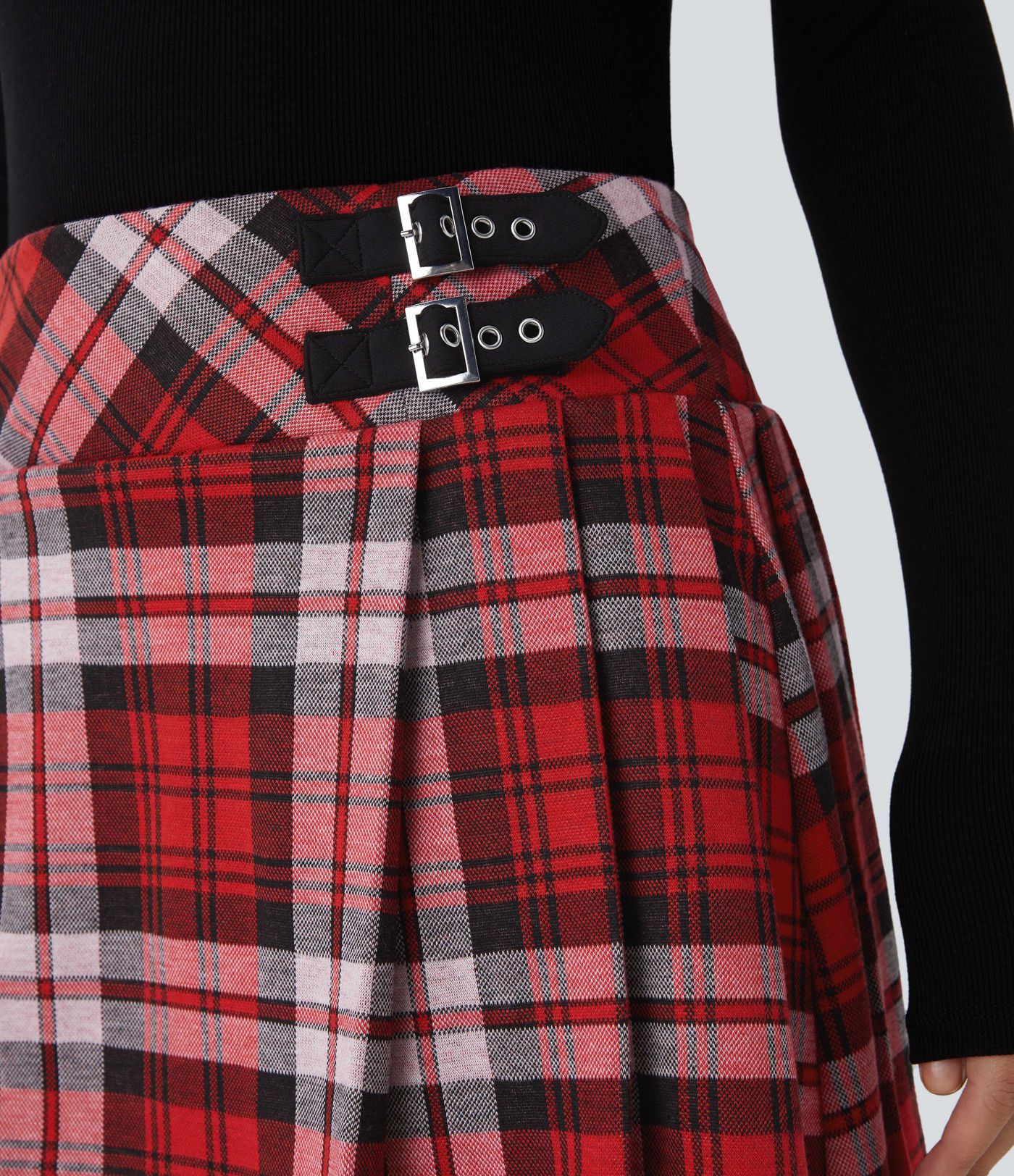 High Waisted Decorative Buckle 2-in-1 Plaid Pleated Mini Casual Skirt