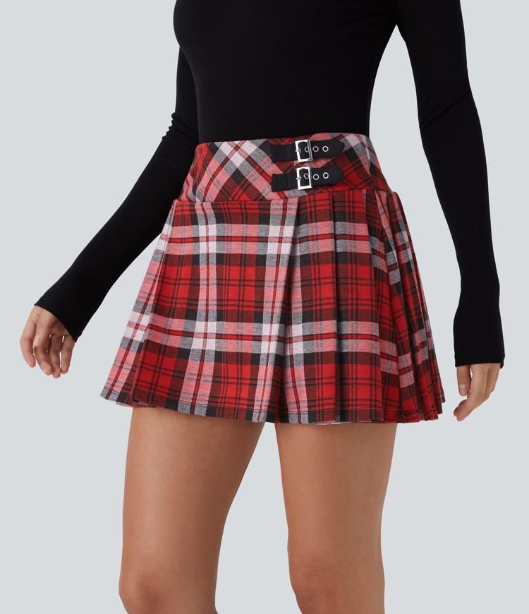 High Waisted Decorative Buckle 2-in-1 Plaid Pleated Mini Casual Skirt