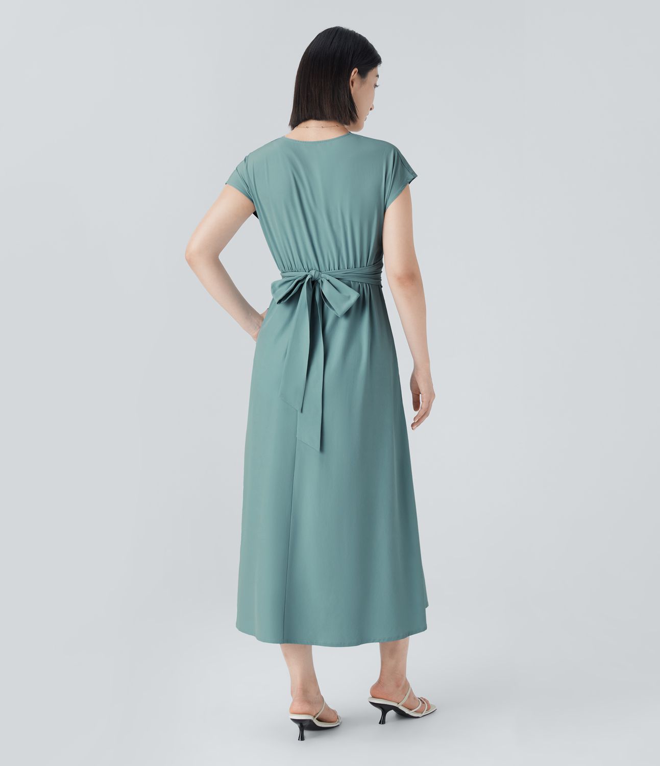 Breezeful™ V Neck Short Sleeve Pocket Tie Back Quick Dry Midi Casual Dress-Longer Length