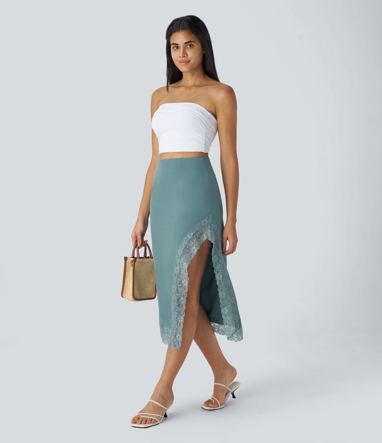 Breezeful™ High Waist Invisible Zipper Split Contrasting Lace Quick Dry Vacation Skirt