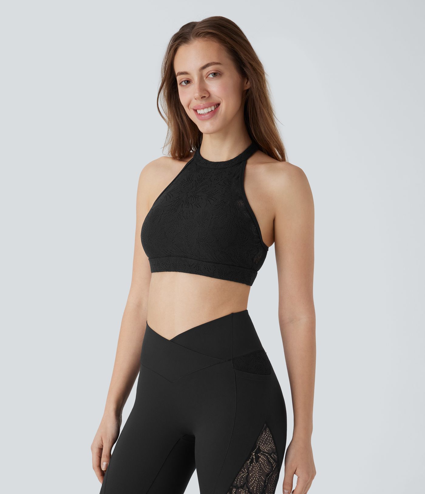 Softlyzero™ Low Support Halter Backless Contrast Lace Yoga Sports Bra-UPF50+