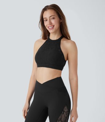 Softlyzero™ Low Support Halter Backless Contrast Lace Yoga Sports Bra-UPF50+