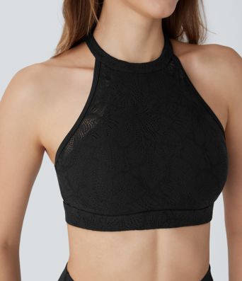 Softlyzero™ Low Support Halter Backless Contrast Lace Yoga Sports Bra-UPF50+