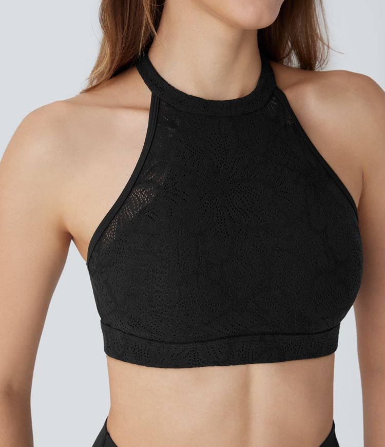 Softlyzero™ Low Support Halter Backless Contrast Lace Yoga Sports Bra-UPF50+
