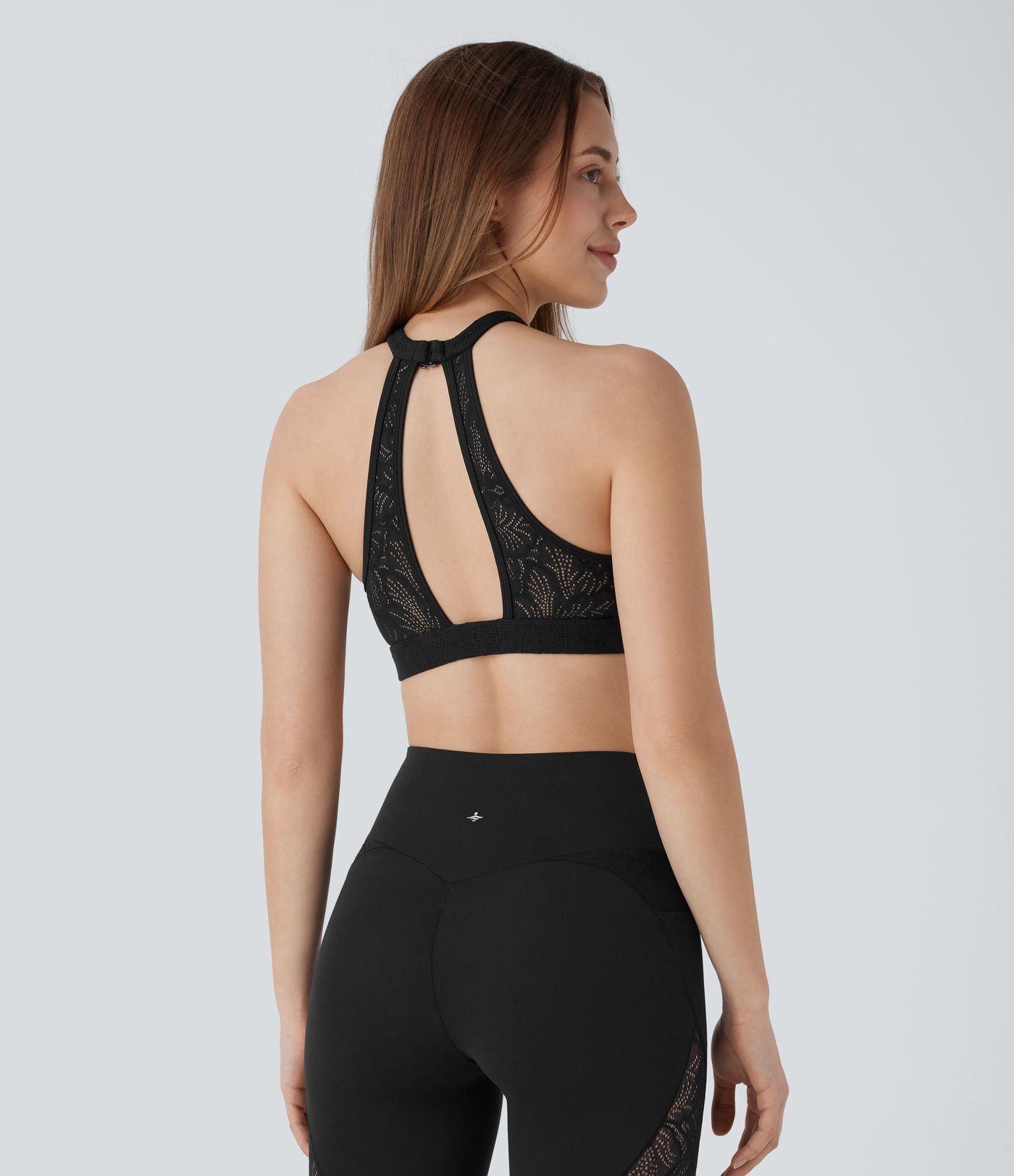Softlyzero™ Low Support Halter Backless Contrast Lace Yoga Sports Bra-UPF50+