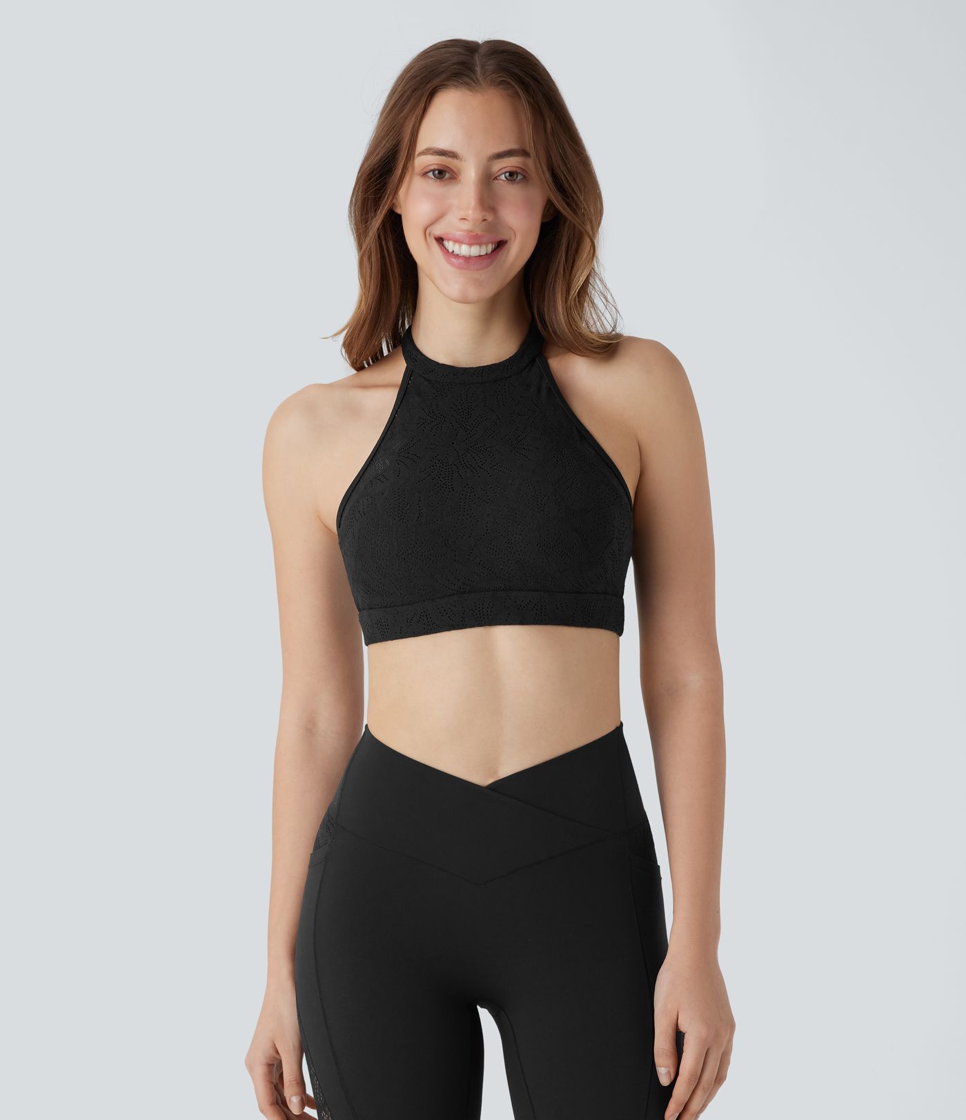 Softlyzero™ Low Support Halter Backless Contrast Lace Yoga Sports Bra-UPF50+