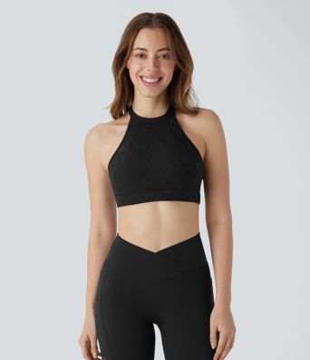 Softlyzero™ Low Support Halter Backless Contrast Lace Yoga Sports Bra-UPF50+