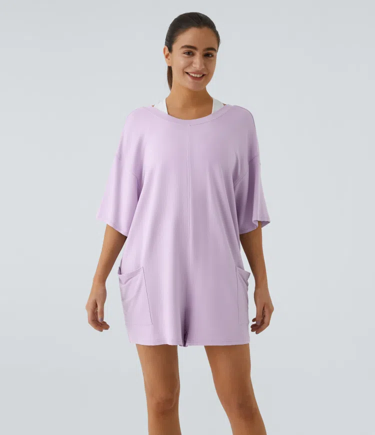 Short-sleeve backless side pocket casual t-shirt jumpsuit