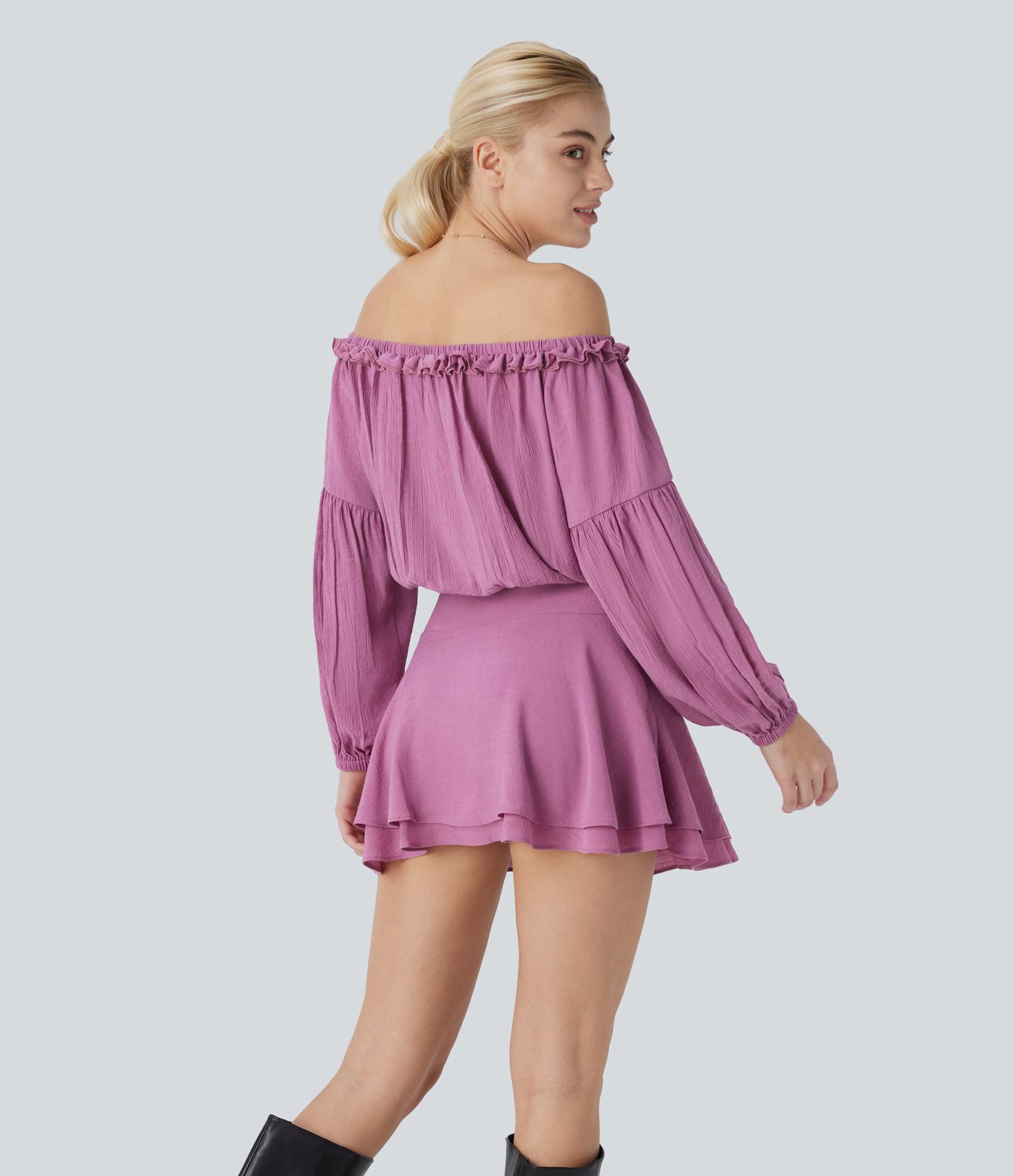 Frill Off Shoulder Long Sleeve Lace Up Invisible Zipper Tiered Mini Resort Dress