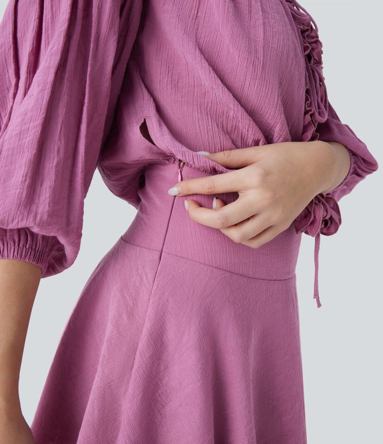 Frill Off Shoulder Long Sleeve Lace Up Invisible Zipper Tiered Mini Resort Dress