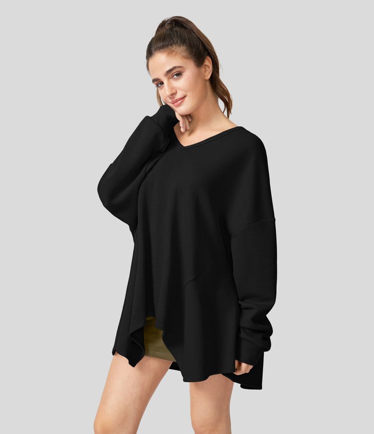 Oversize V Neck Long Sleeve Asymmetric Hem Waffle Casual Cotton Sweatshirt