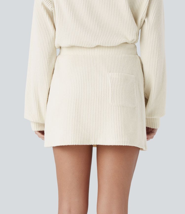 Ribbed Knit Mid Rise Drawstring Split Back Pocket 2-in-1 Mini Casual Skirt