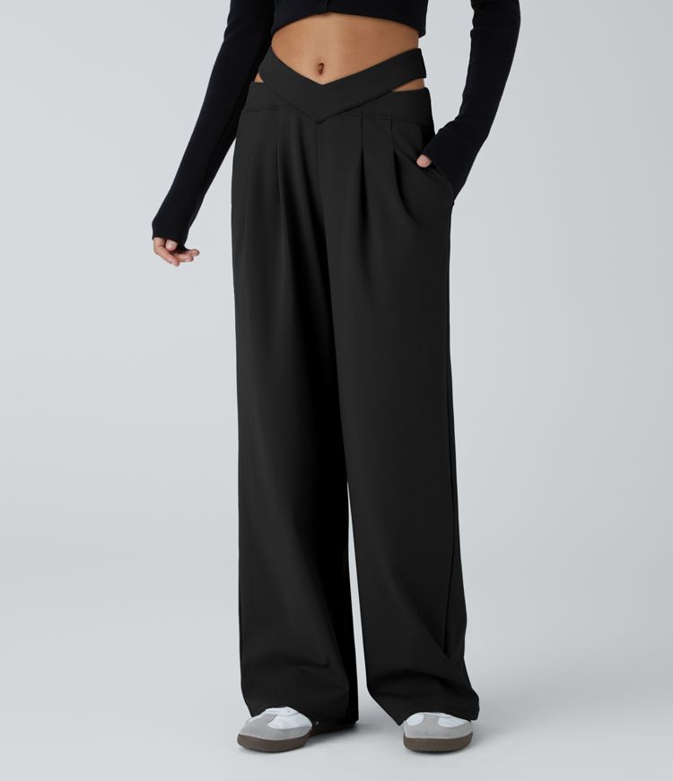 V Shaped Mid Rise Cut Out Casual Pants with Pockets