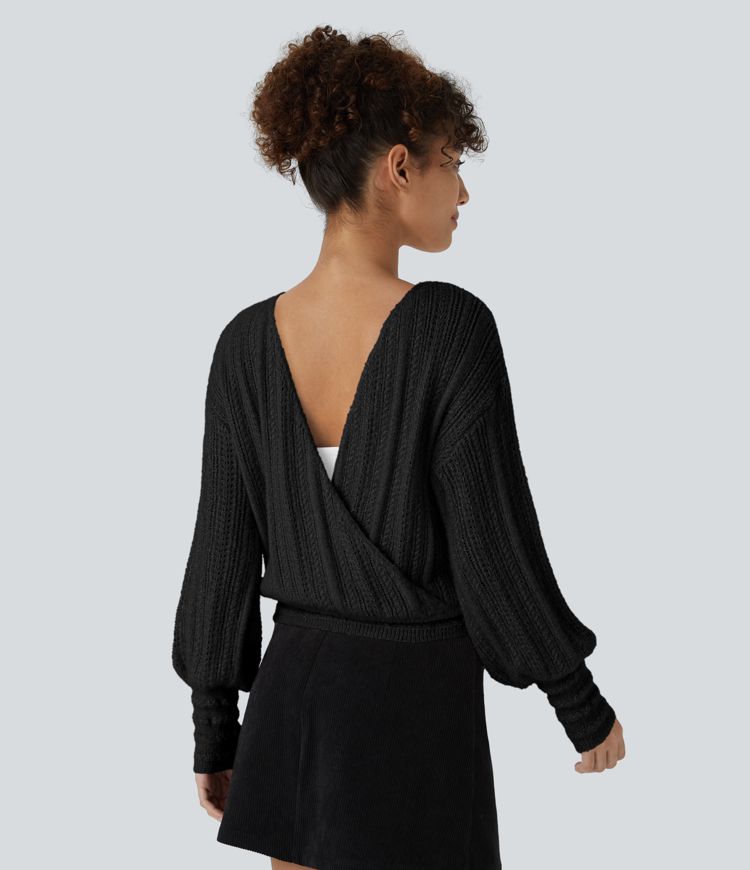 Sheer V Neck Long Sleeve Work Jumper-Front and Back Wearable