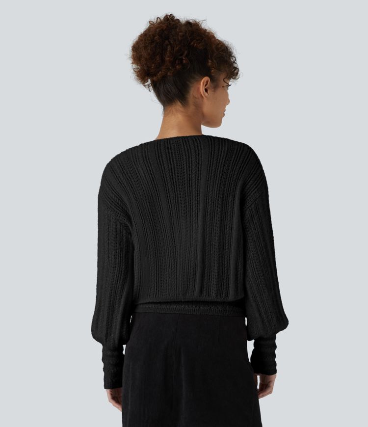 Sheer V Neck Long Sleeve Work Jumper-Front and Back Wearable