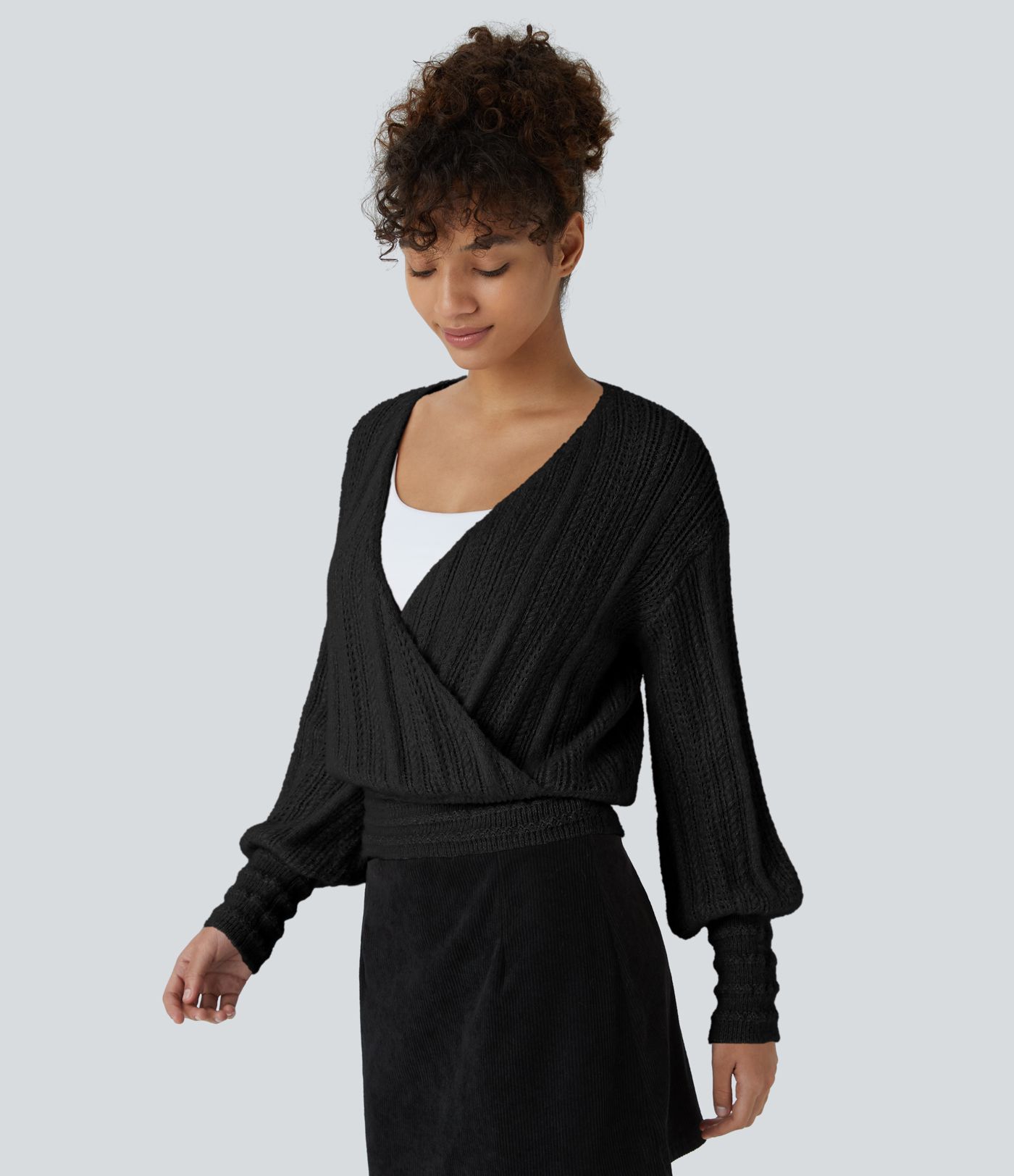 Sheer V Neck Long Sleeve Work Jumper-Front and Back Wearable