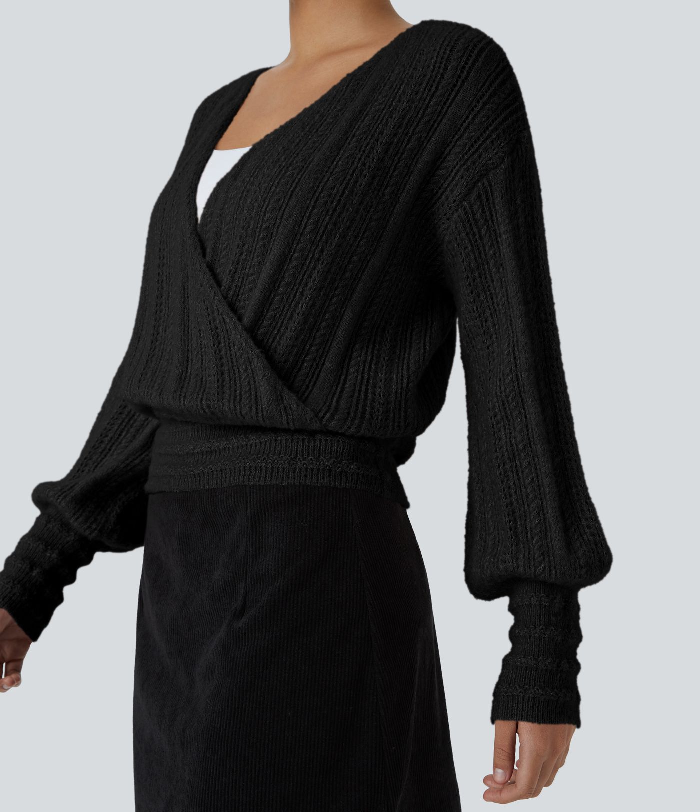 Sheer V Neck Long Sleeve Work Jumper-Front and Back Wearable