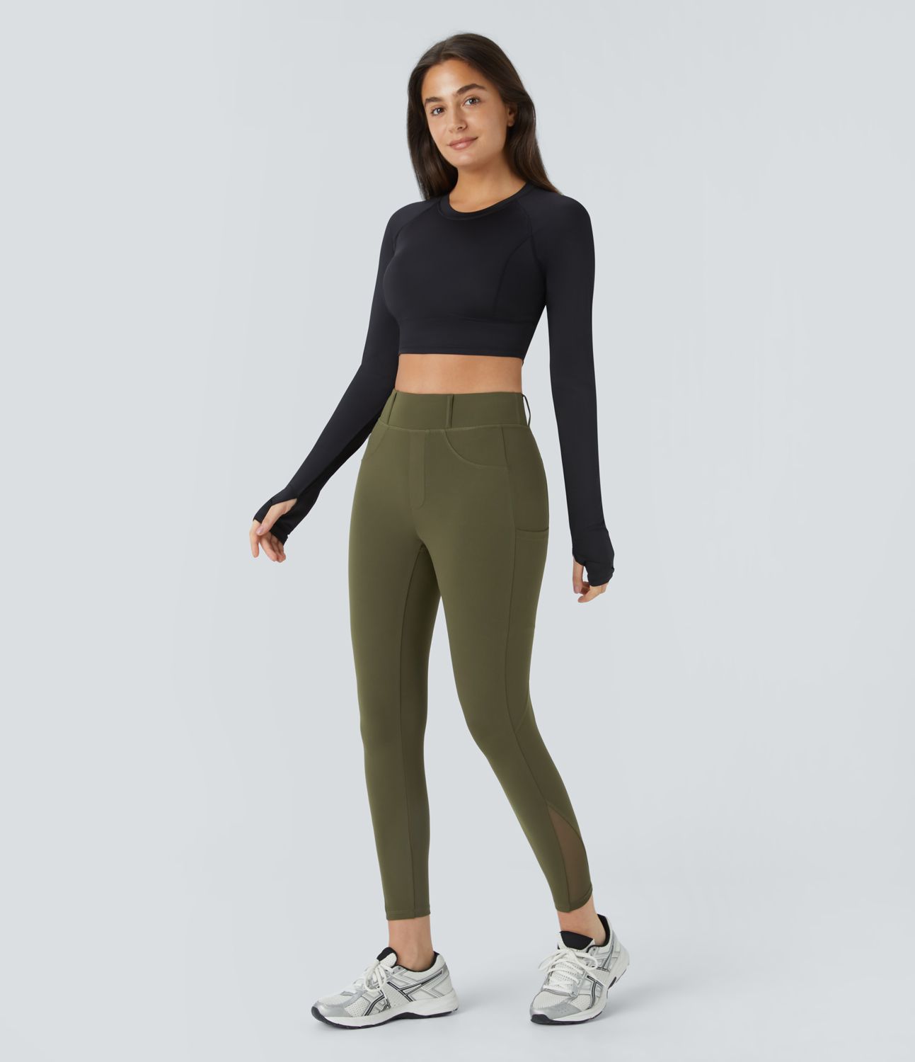 High-waisted side pocket contrast mesh 3/8 length yoga leggings