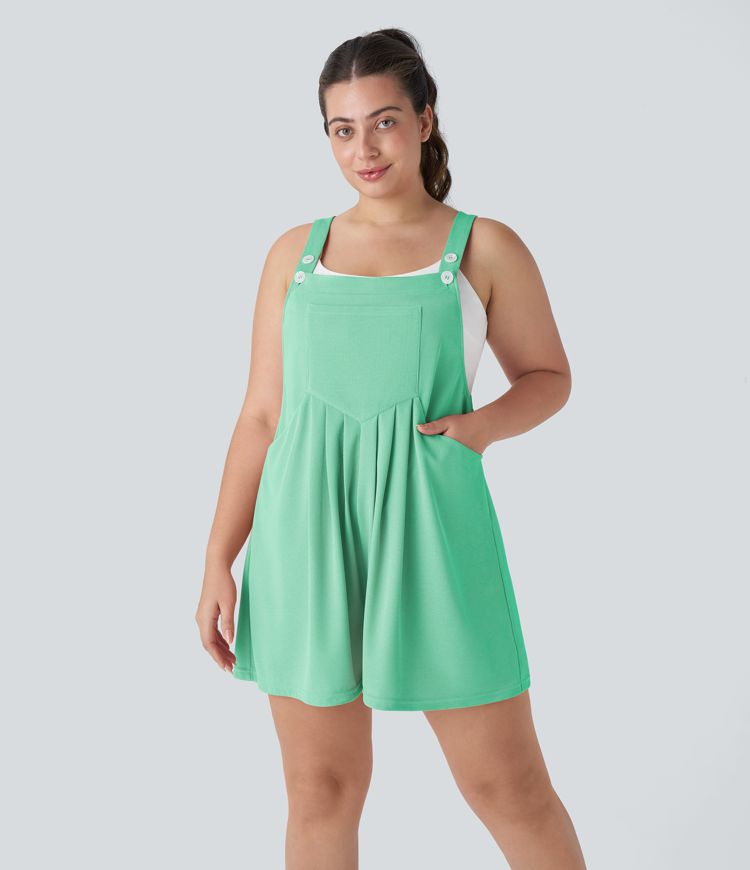 Adjustable Strap Button Multiple Pockets Waffle Casual Plus Size Dungarees